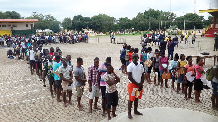 Some of the prospective recruits undergoing screening for enlistment into the Ghana Police at the Wa Jubilee Park. Picture: EMMANUEL MODEY